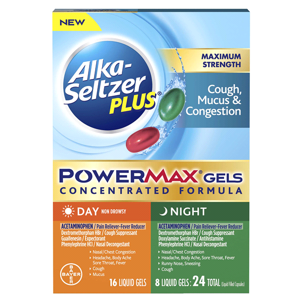slide 1 of 13, Alka-Seltzer Plus Maxiumum Strength Cough, Mucus & Congestion, Day+Night, PowerMax Liquid Gels, 24 ct