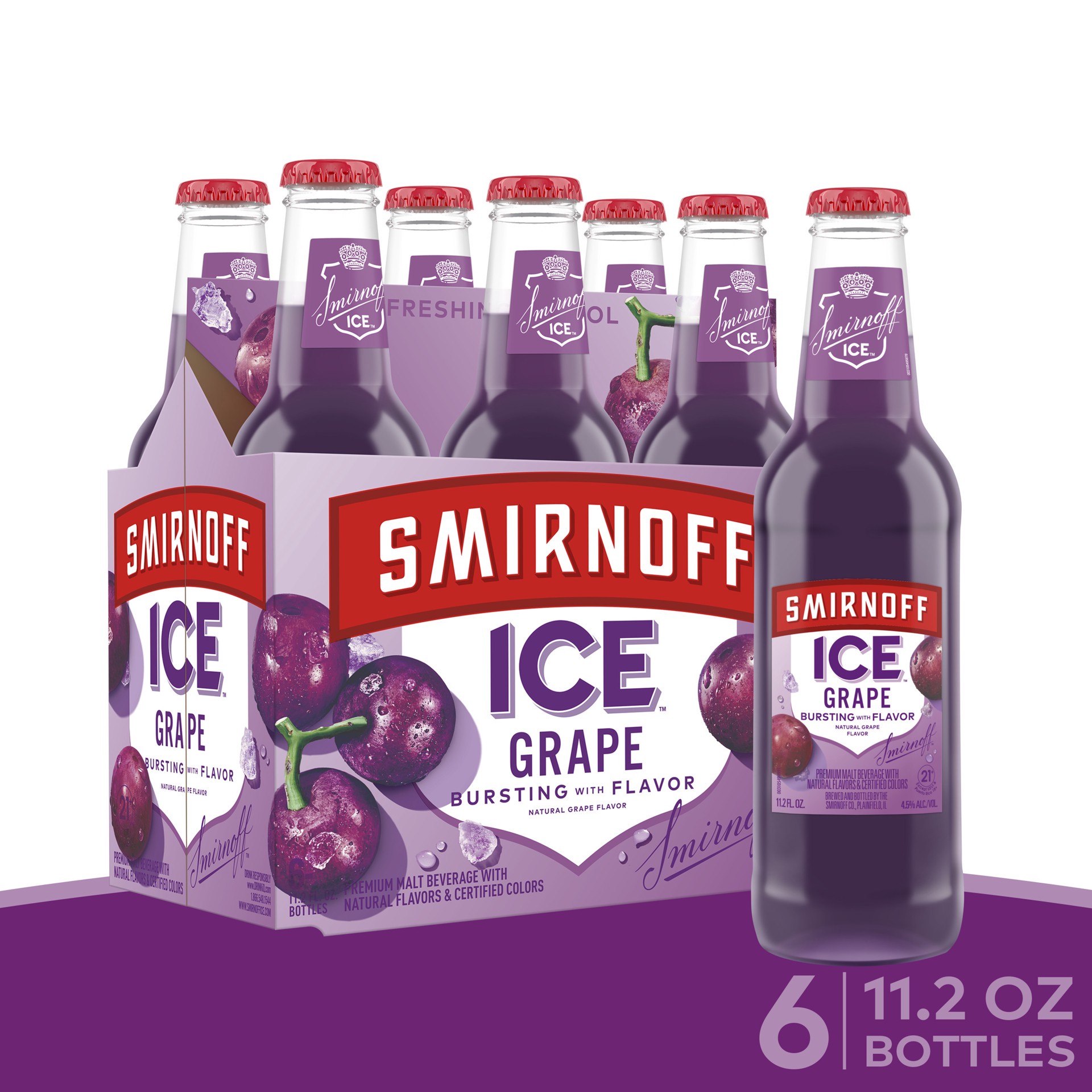 slide 1 of 3, Smirnoff Ice Grape, 11.2 fl oz, 6 Pack Bottles, 4.5% ABV, 6 ct; 11.2 oz