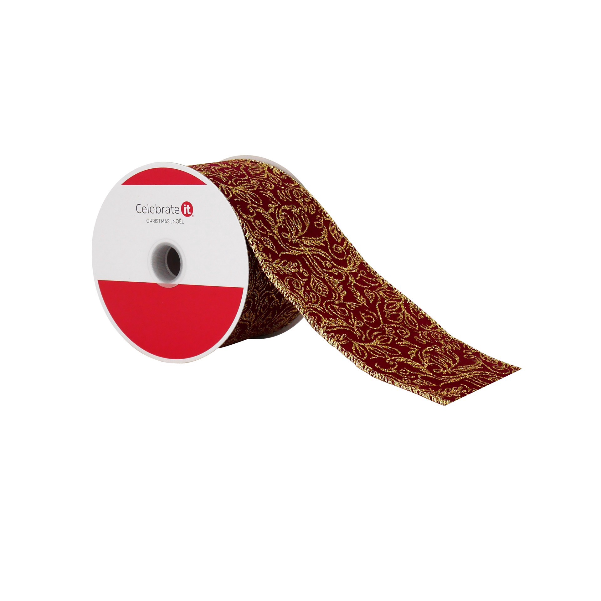 slide 2 of 3, 2.5" X 20ft. Burgundy & Gold Scroll Wired Ribbon By Celebrate It, 2.5 in x 20 ft