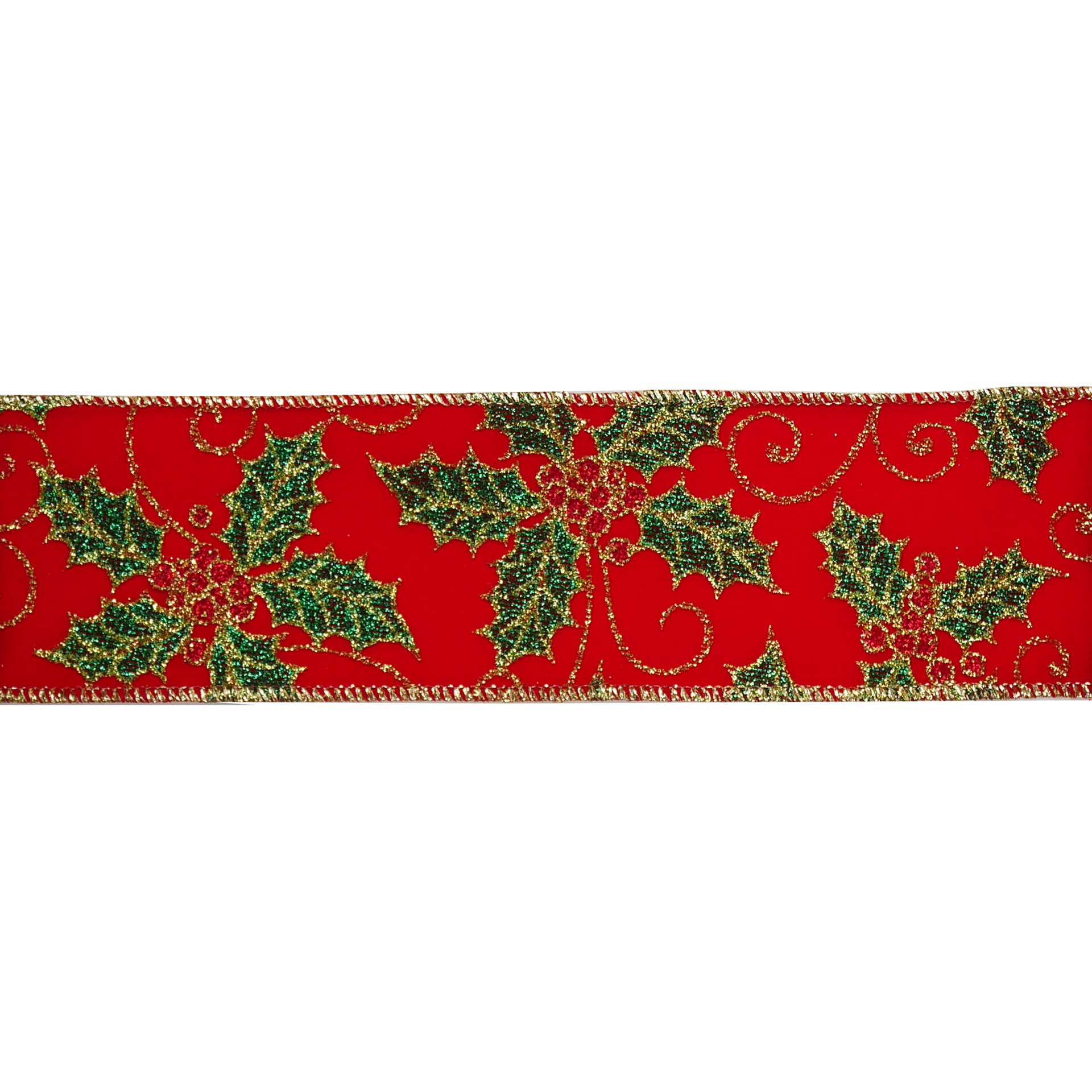 slide 3 of 3, 2.5" X 20ft. Red Glitter Holly Wired Ribbon By Celebrate It, 2.5 in x 20 ft