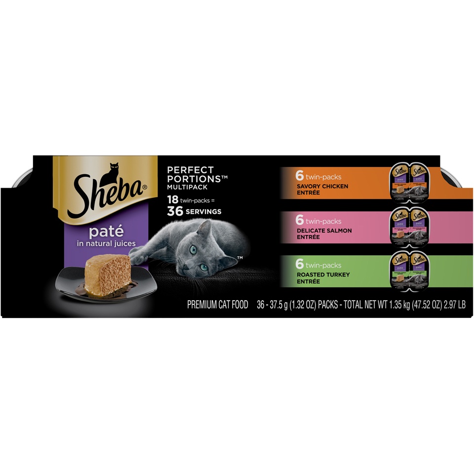 slide 1 of 5, Sheba Perfect Portions Paté In Natural Juices Chicken, Salmon & Turkey Entrée Premium Wet Cat Food, 2.6 oz, 18 ct