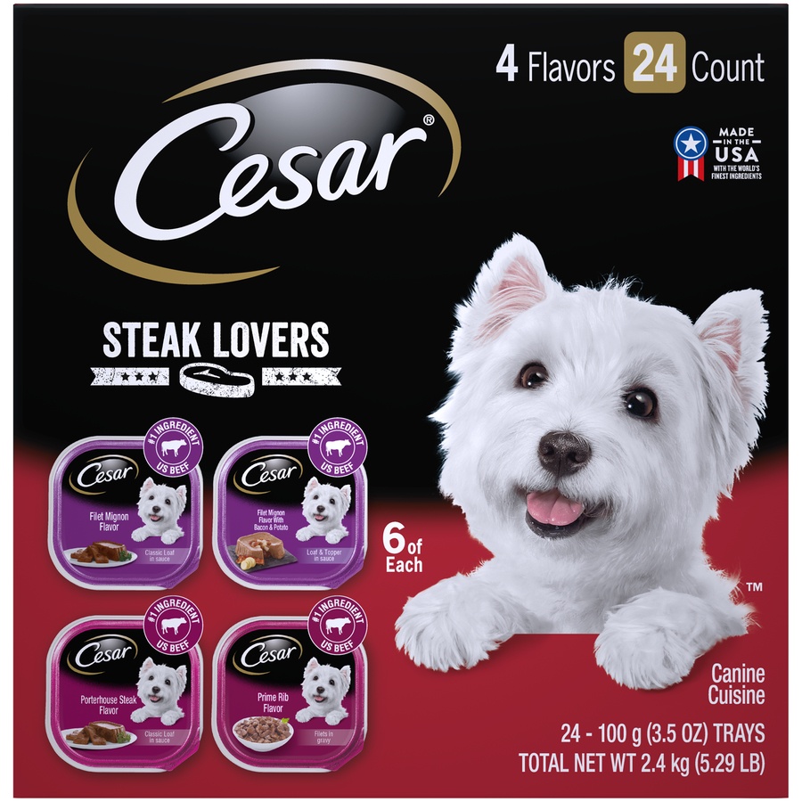 slide 1 of 5, Cesar Steak Lovers Wet Dog Food, 3.5 oz, 24 ct