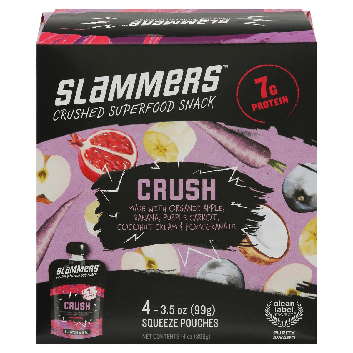 slide 1 of 9, Slammers Crushed Crush Superfood Snack 4 - 3.5 oz Pouches, 4 ct