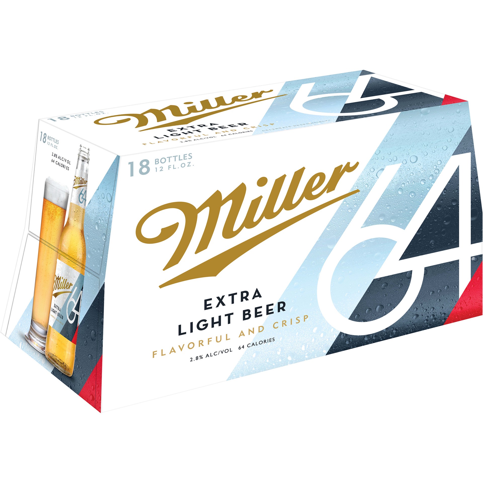 slide 4 of 5, Miller 64 Extra Light Lager Beer, 2.8% ABV, 18-pack, 12-oz. beer bottles, 216 oz