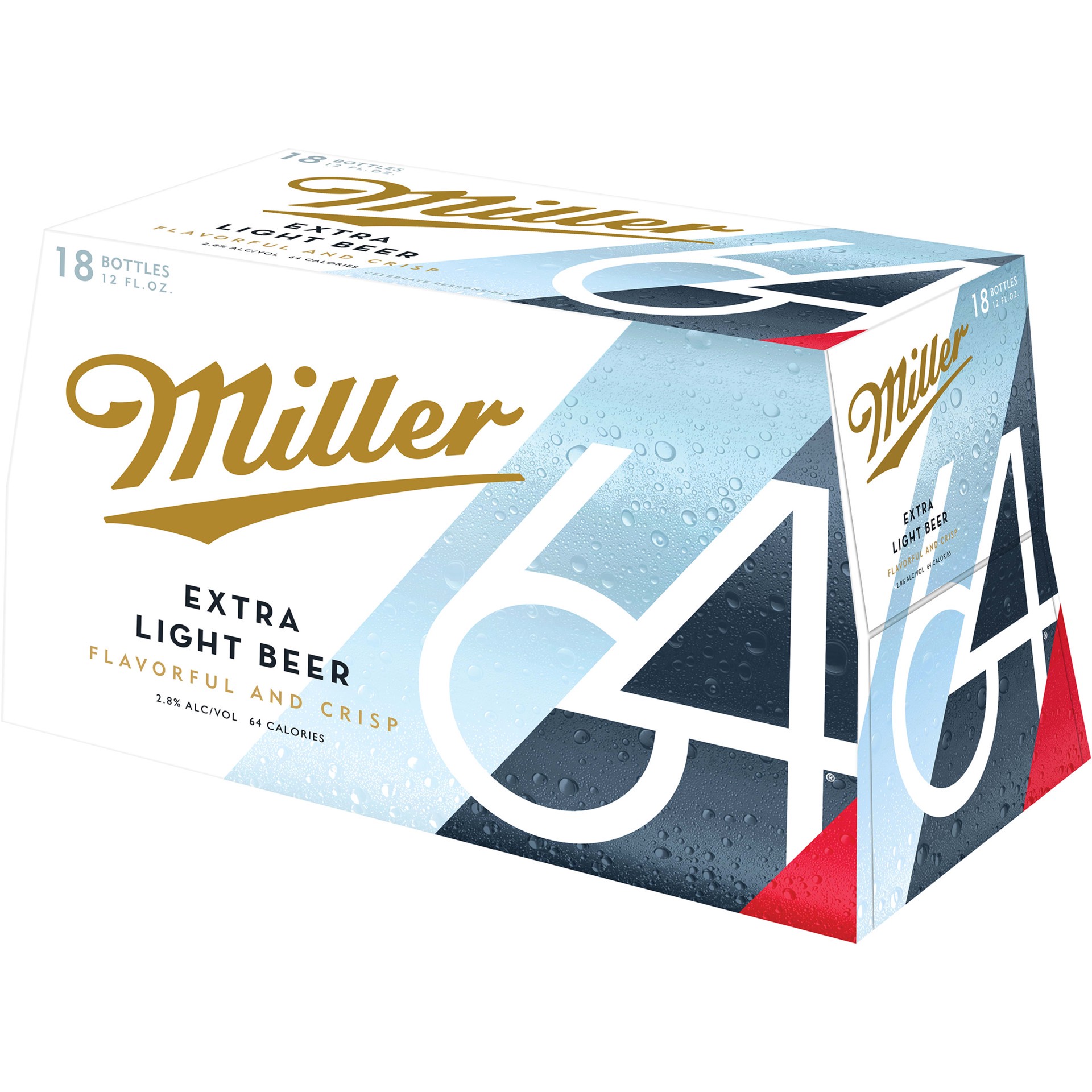 slide 5 of 5, Miller 64 Extra Light Lager Beer, 2.8% ABV, 18-pack, 12-oz. beer bottles, 216 oz