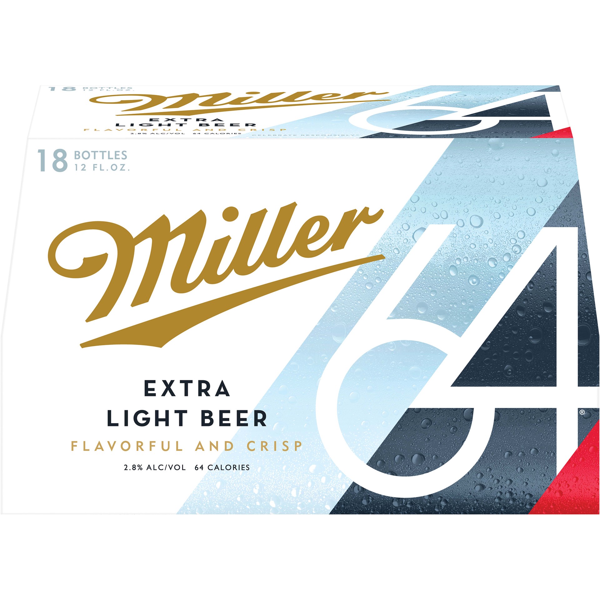 slide 3 of 5, Miller 64 Extra Light Lager Beer, 2.8% ABV, 18-pack, 12-oz. beer bottles, 216 oz