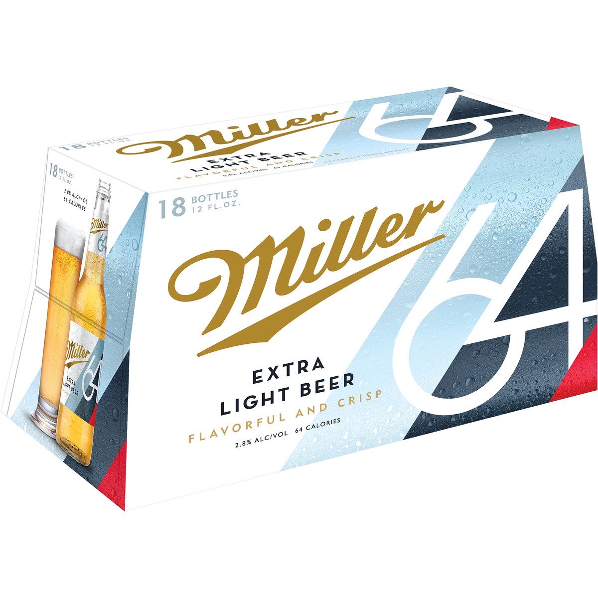 slide 1 of 5, Miller 64 Extra Light Lager Beer, 2.8% ABV, 18-pack, 12-oz. beer bottles, 216 oz