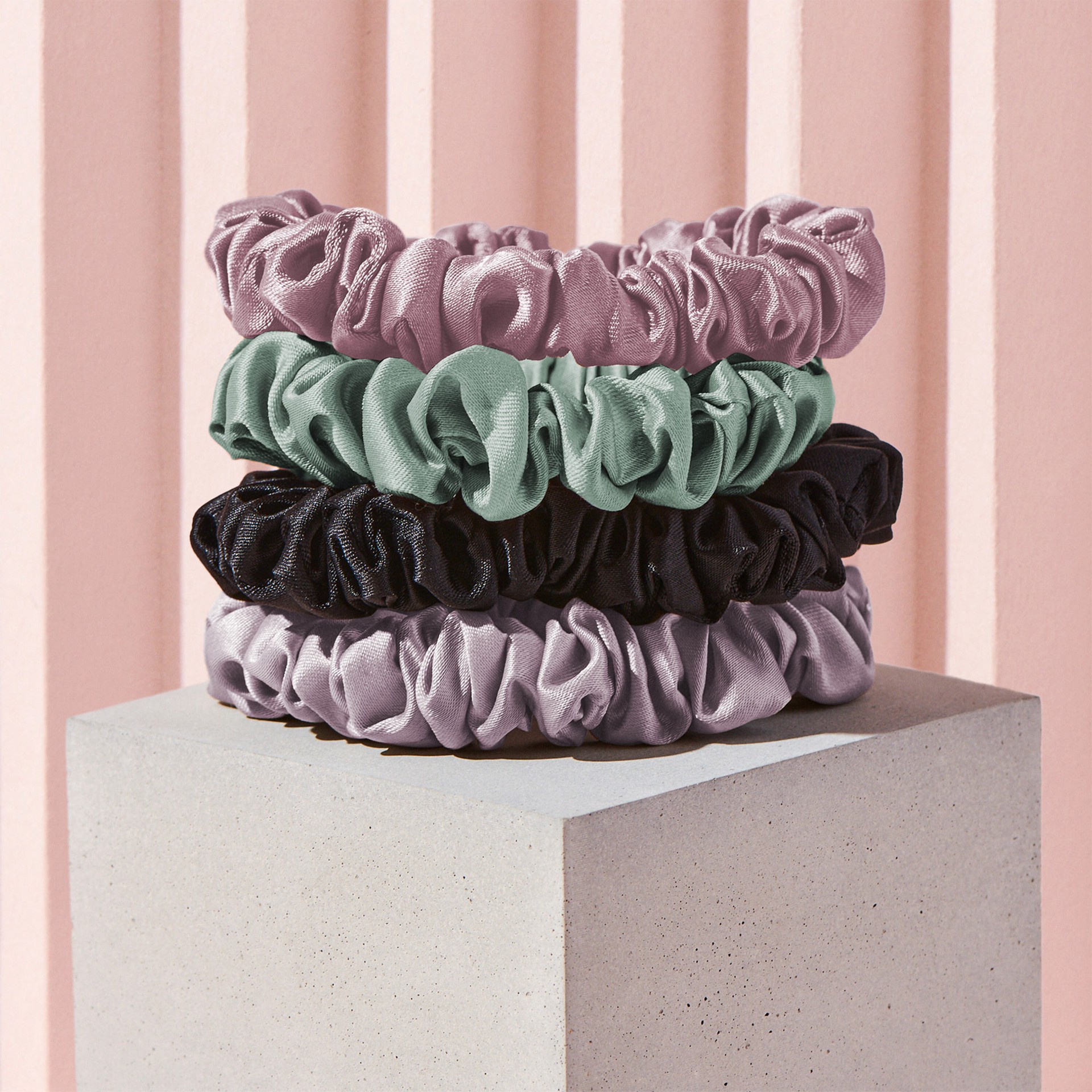 slide 6 of 6, The Hair Edit Ruched Ribbon Skinny Satin Scrunchies, 4 Ct, 4 ct