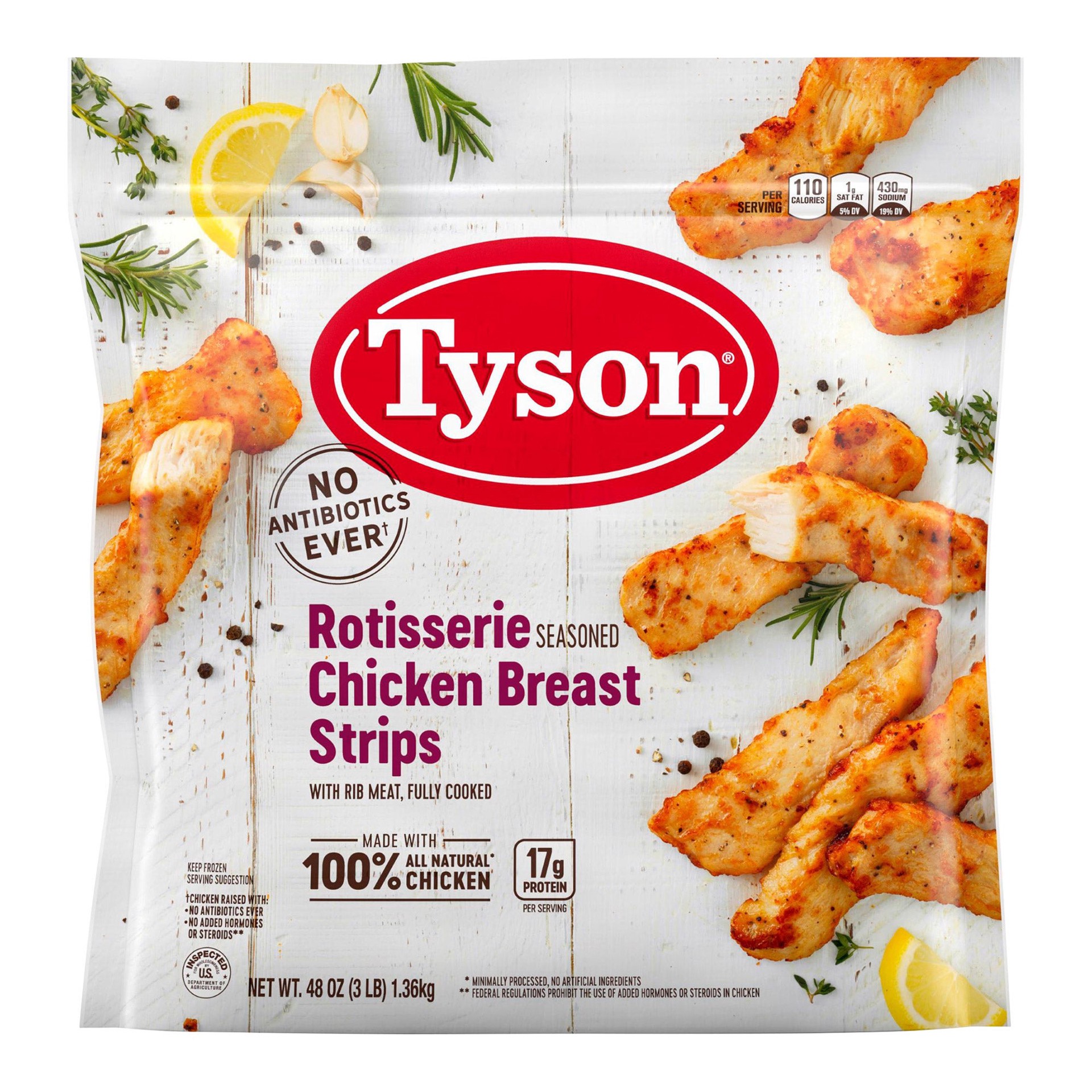 slide 1 of 2, Tyson Rotisserie Seasoned Unbreaded Chicken Breast Strips, 48 oz, 