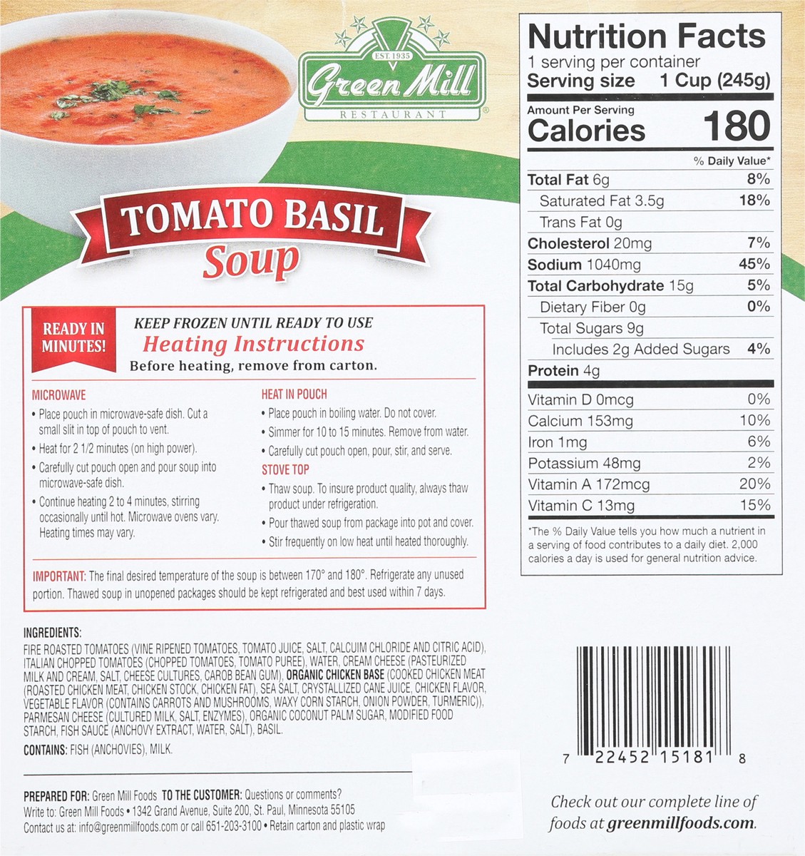 slide 9 of 9, Green Mill Tomato Basil Soup, 12 oz