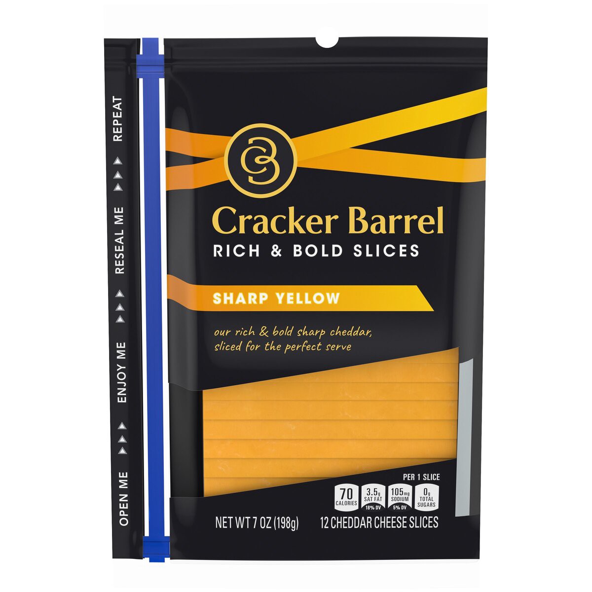 slide 1 of 10, Cracker Barrel Sharp Cheddar Cheese Slices Zip Pak, 7 oz