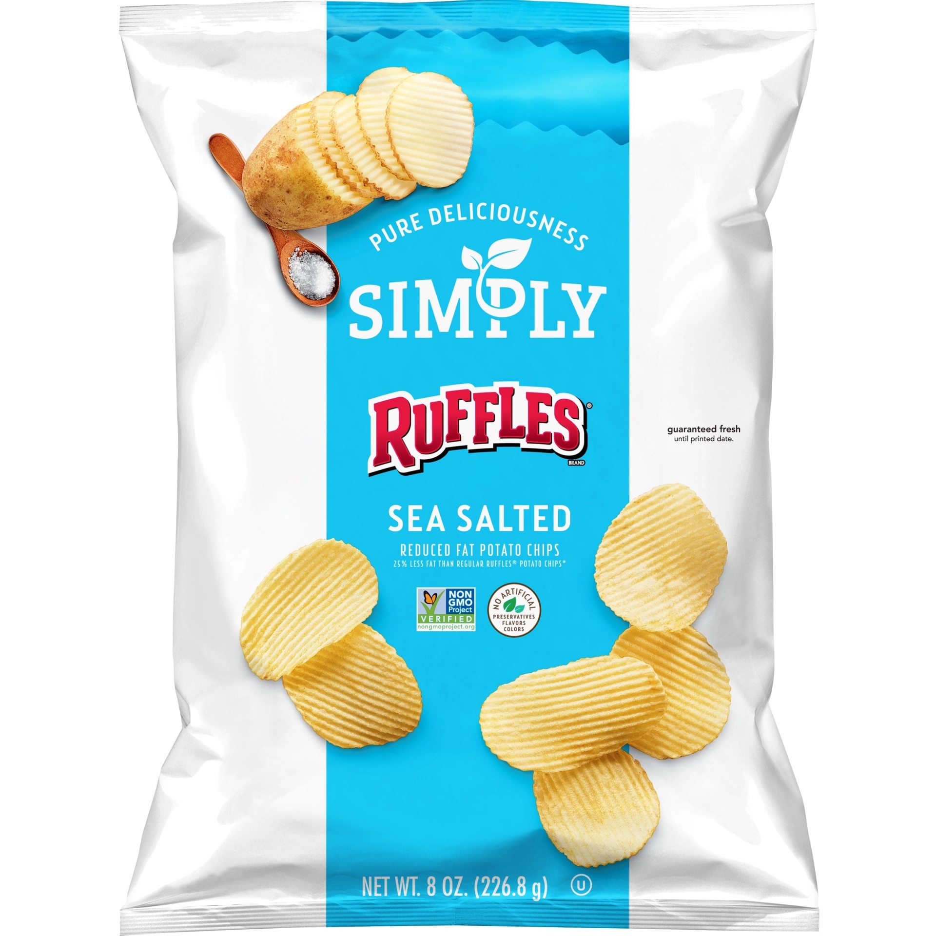 slide 1 of 4, Simply Ruffles Sea Salted Reduced Fat* Potato Chips, 8 oz