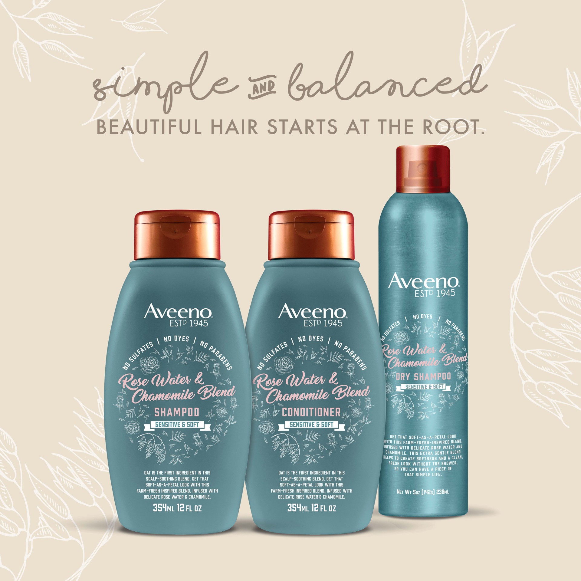 slide 3 of 5, Aveeno Rose Water & Chamomile Conditioner for Dry Hair, Hydrating, 12 fl oz, 354 ml