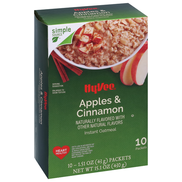 slide 1 of 1, Hy-Vee Instant Oatmeal, Apples & Cinnamon 10Ct, 15.1 oz