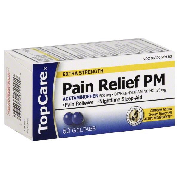 slide 1 of 10, TopCare Pain Relief PM, Extra Strength, Geltabs, 50 ct