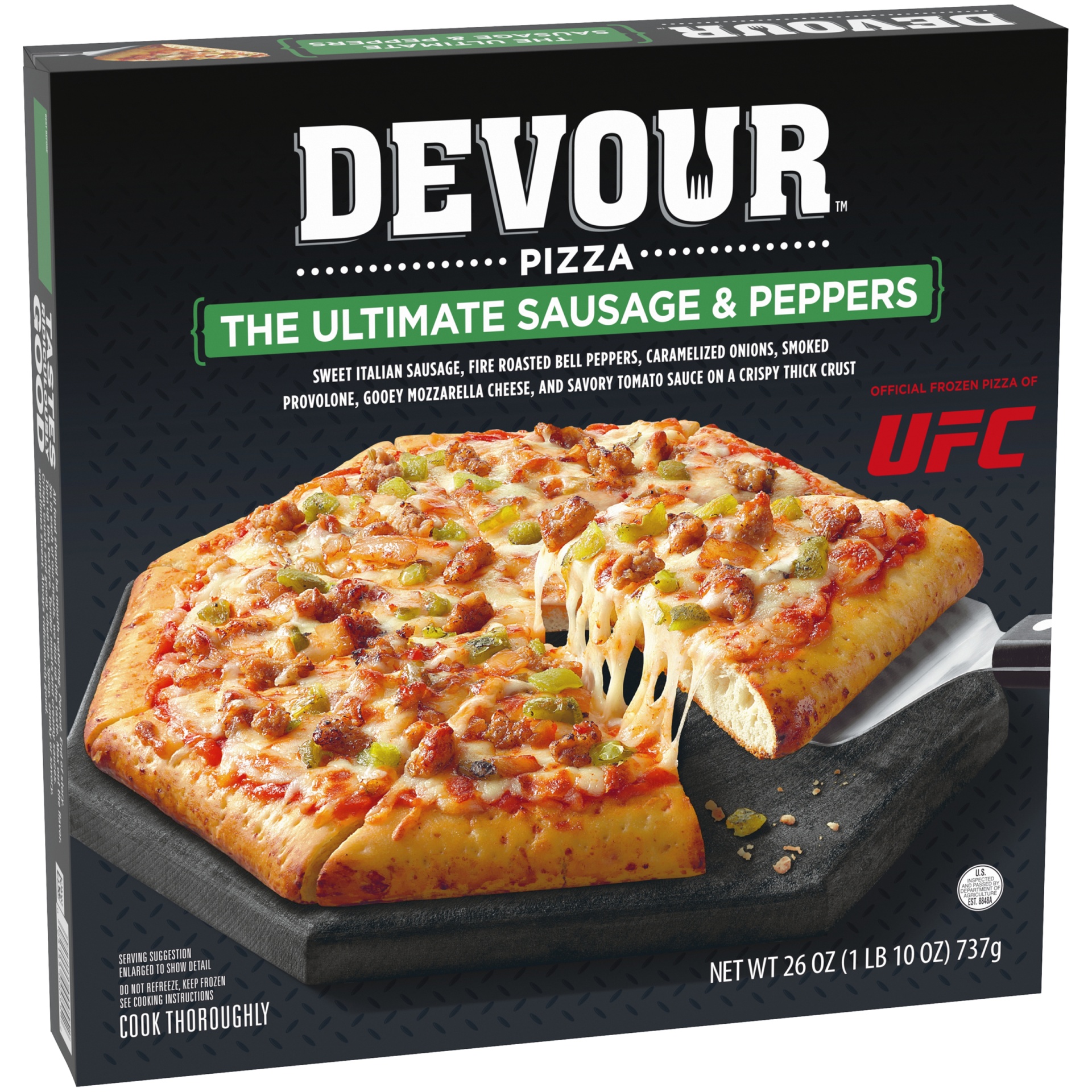 slide 2 of 12, DEVOUR The Ultimate Sausage & Peppers Frozen Pizza, 26 oz