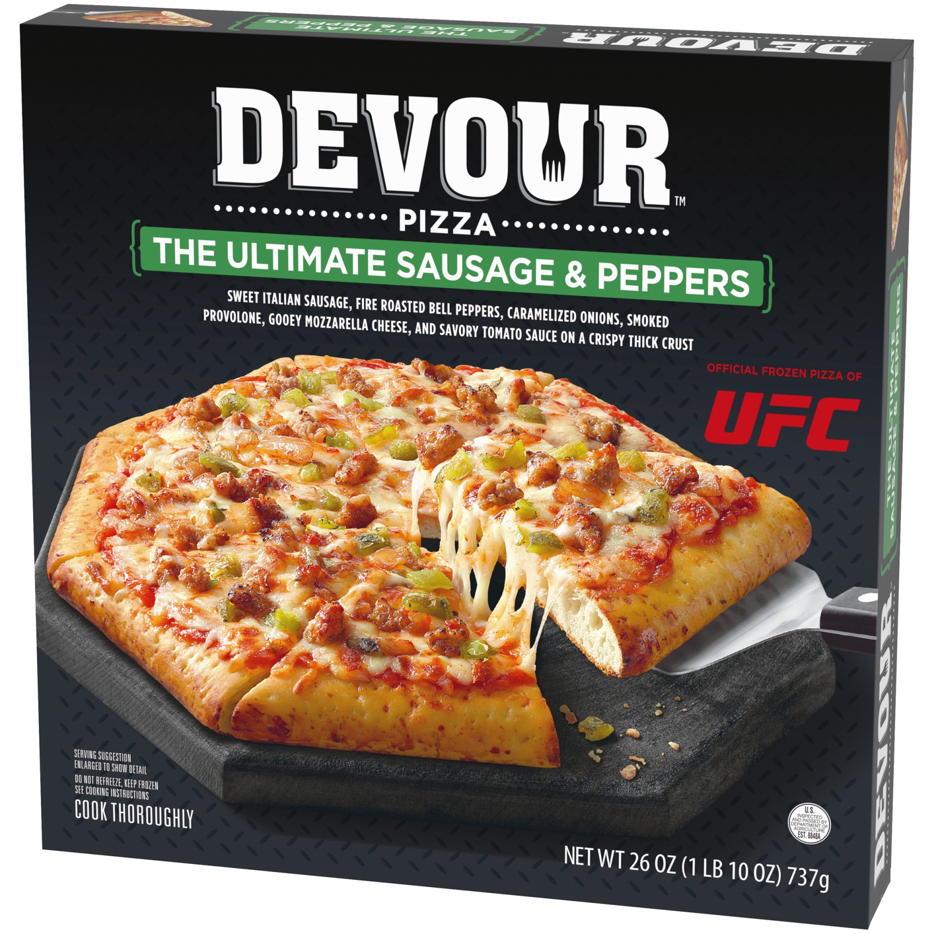 slide 9 of 12, DEVOUR The Ultimate Sausage & Peppers Frozen Pizza, 26 oz