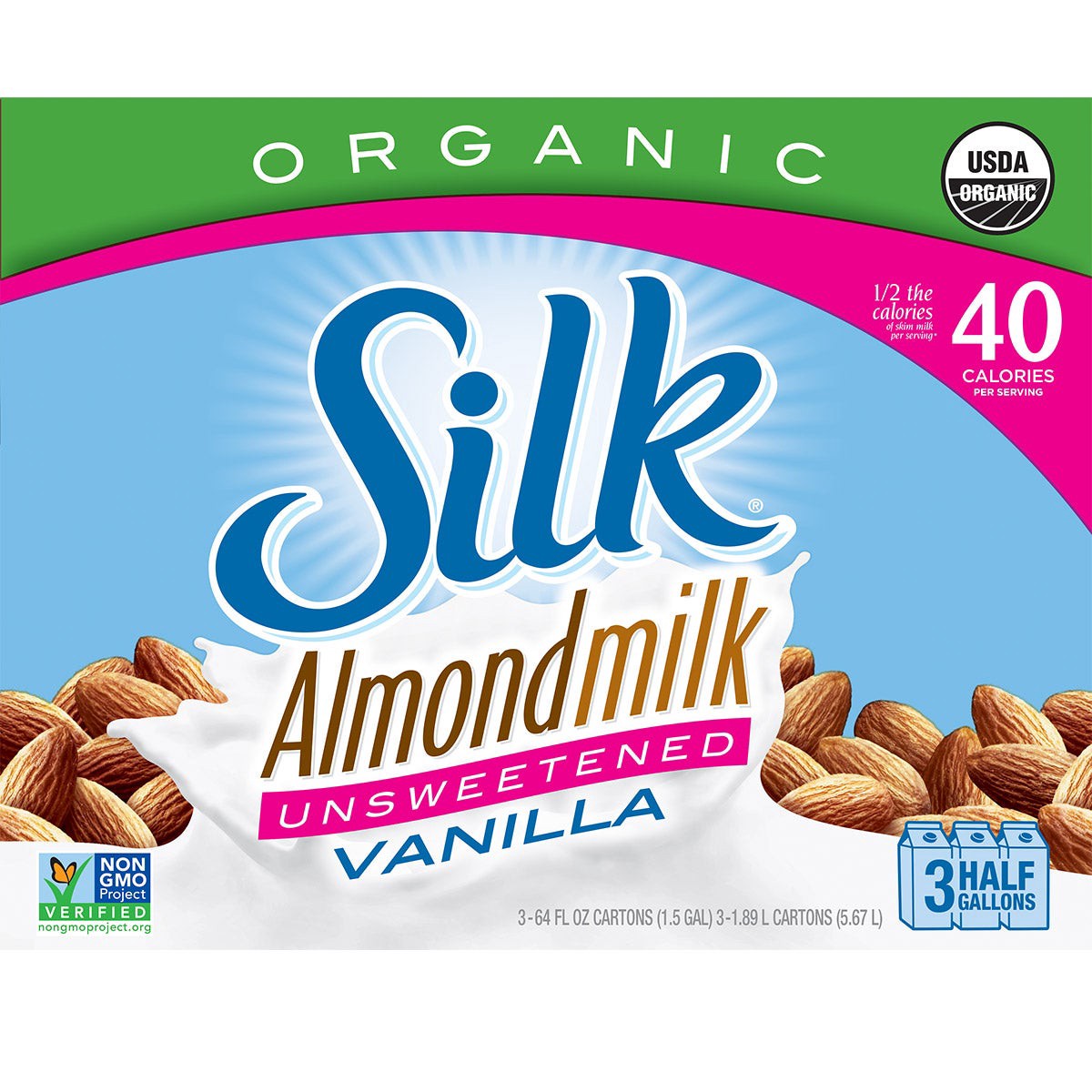 slide 1 of 1, Silk Organic Unsweetened Vanilla Almondmilk, 64 fl oz, 3 count, 