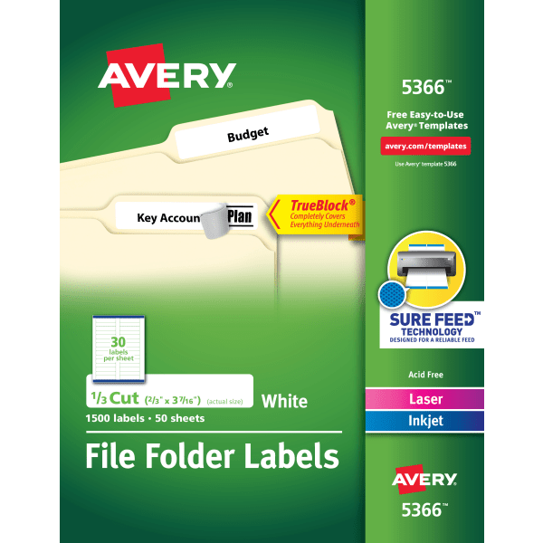 slide 1 of 8, Avery Permanent Self-Adhesive Laser/Inkjet File Folder Labels, White, 1500/Box, 1500 ct; 2/3 in x 3 7/16 in