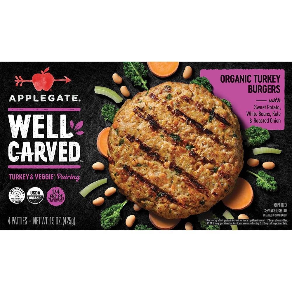 slide 1 of 5, Applegate Farms Applegate Well Carved Organic Turkey & Vegetable Burgers - Frozen, 15 oz