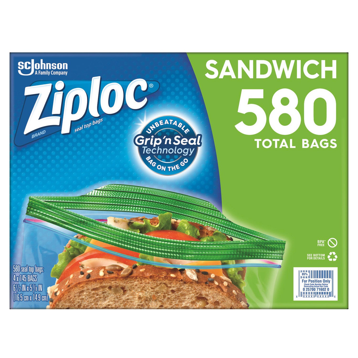 slide 1 of 2, Ziploc Seal Top Bag, Sandwich, 145 count, 4 pack, 