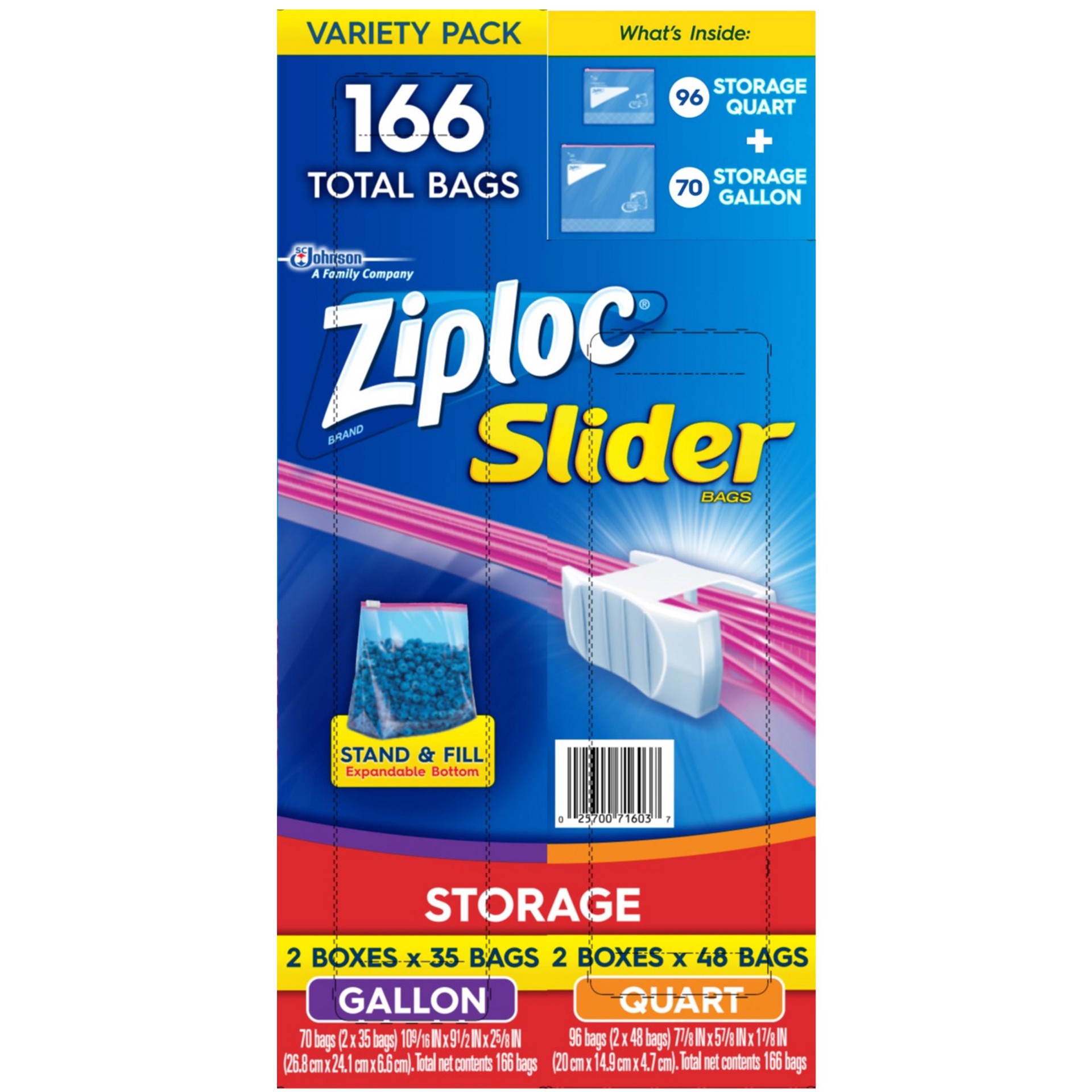 slide 2 of 2, Ziploc Quart and Gallon Size Variety Pack Slider Bags, 166 ct