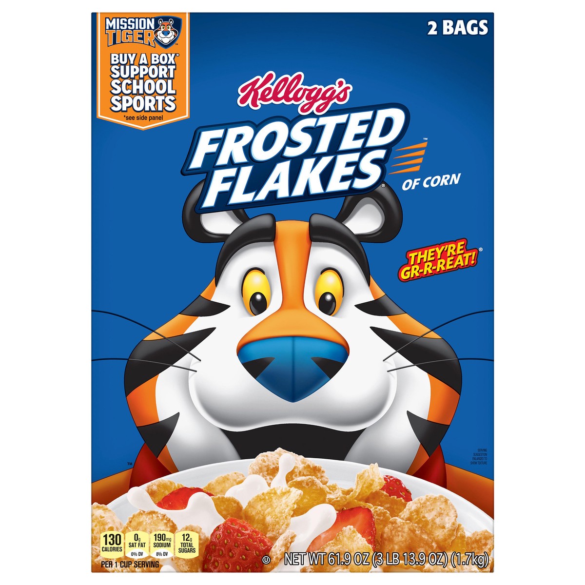 slide 4 of 13, Frosted Flakes Kellogg's Frosted Flakes Breakfast Cereal, Kids Cereal, Family Breakfast, Original, 61.9oz Box, 2 Bags, 61.90 oz