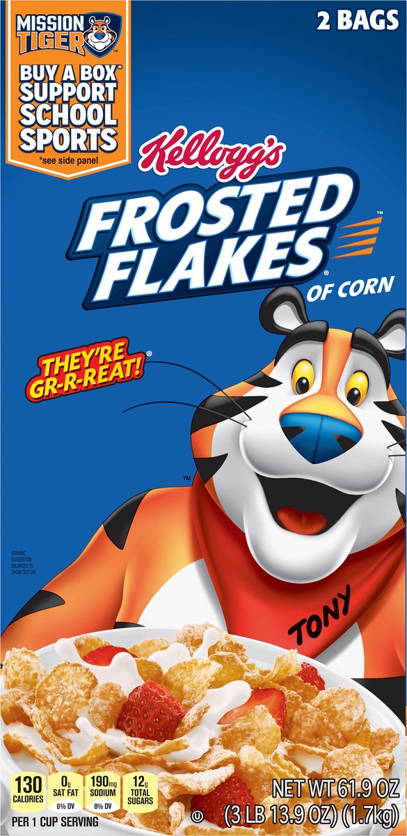 slide 13 of 13, Frosted Flakes Kellogg's Frosted Flakes Breakfast Cereal, Kids Cereal, Family Breakfast, Original, 61.9oz Box, 2 Bags, 61.90 oz