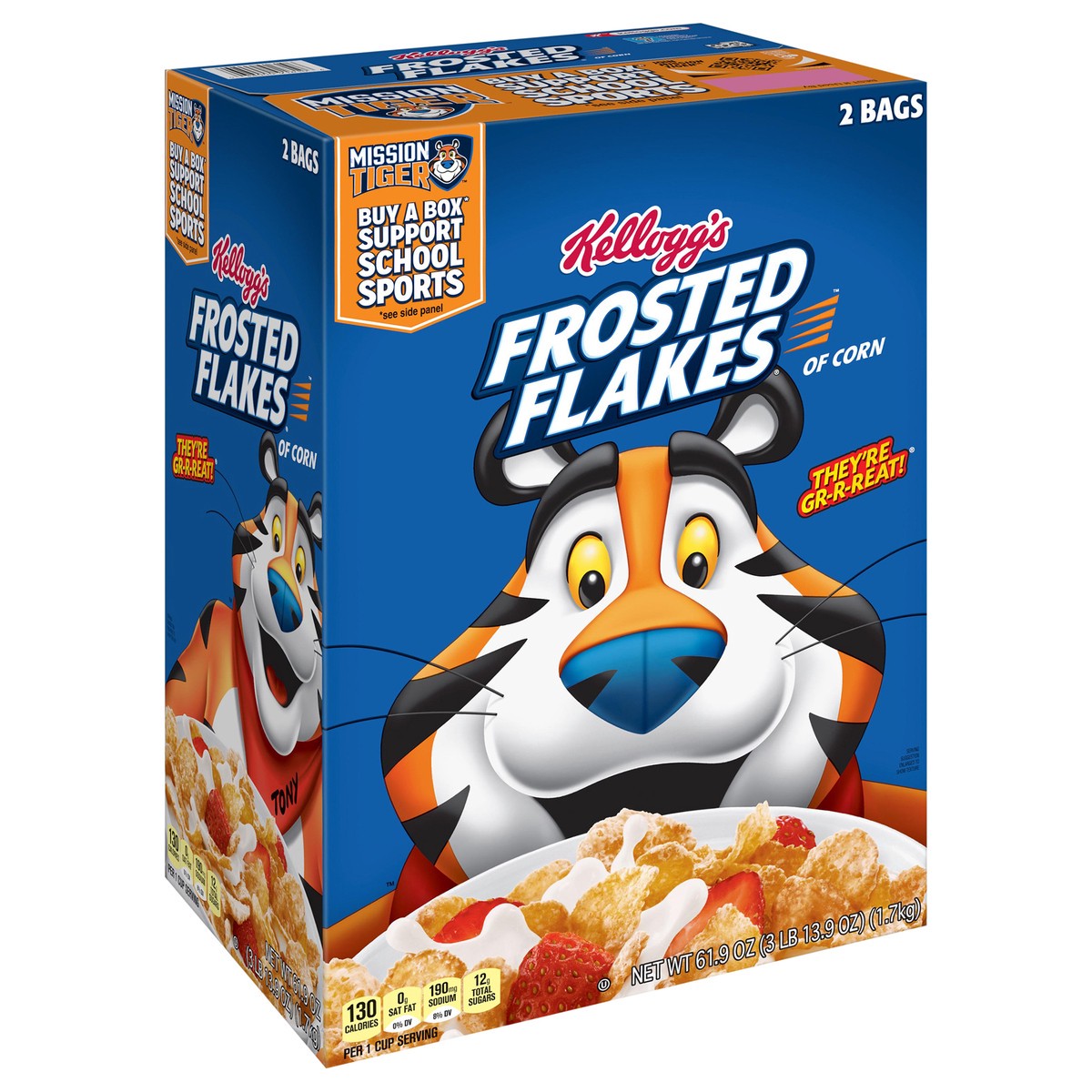 slide 6 of 13, Frosted Flakes Kellogg's Frosted Flakes Breakfast Cereal, Kids Cereal, Family Breakfast, Original, 61.9oz Box, 2 Bags, 61.90 oz