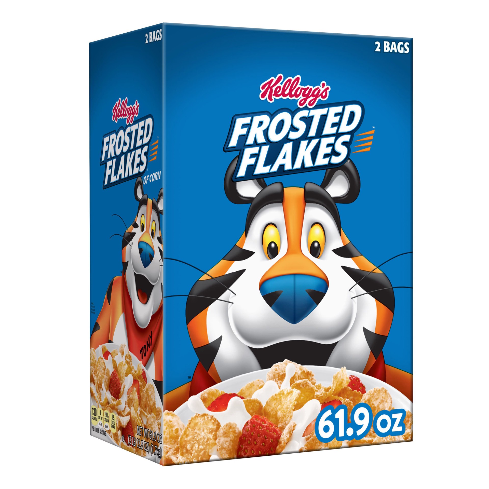 slide 1 of 13, Frosted Flakes Kellogg's Frosted Flakes Breakfast Cereal, Kids Cereal, Family Breakfast, Original, 61.9oz Box, 2 Bags, 61.90 oz