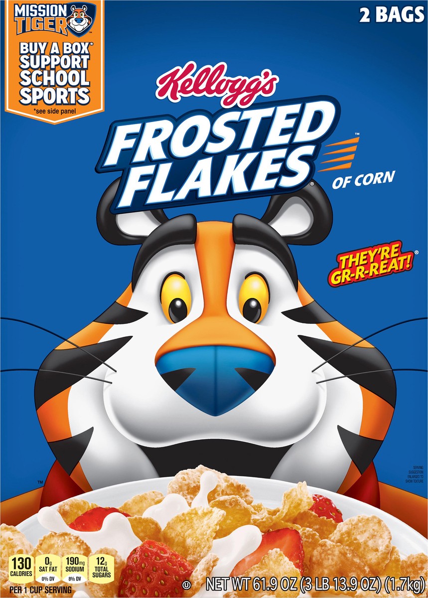 slide 11 of 13, Frosted Flakes Kellogg's Frosted Flakes Breakfast Cereal, Kids Cereal, Family Breakfast, Original, 61.9oz Box, 2 Bags, 61.90 oz
