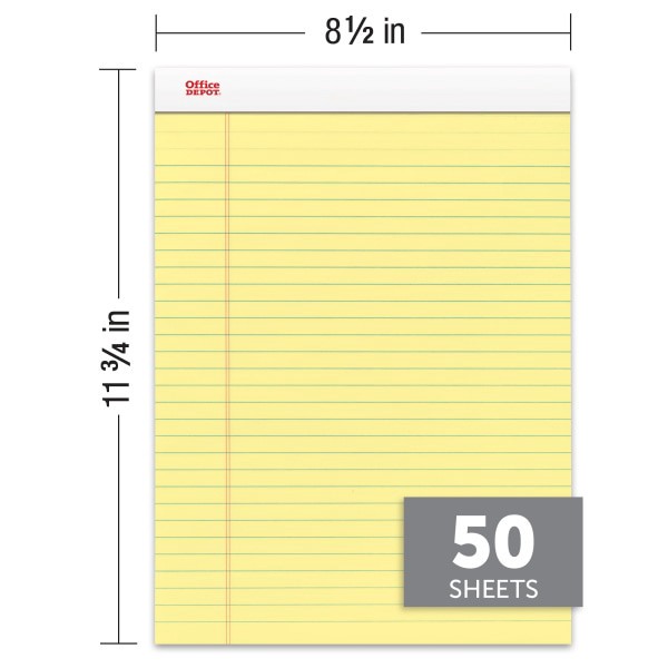 slide 3 of 6, Office Depot Brand Perforated Writing Pads, Legal Ruled, Canary, 12 pk; 50 ct; 8 1/2 in x 11 3/4 in