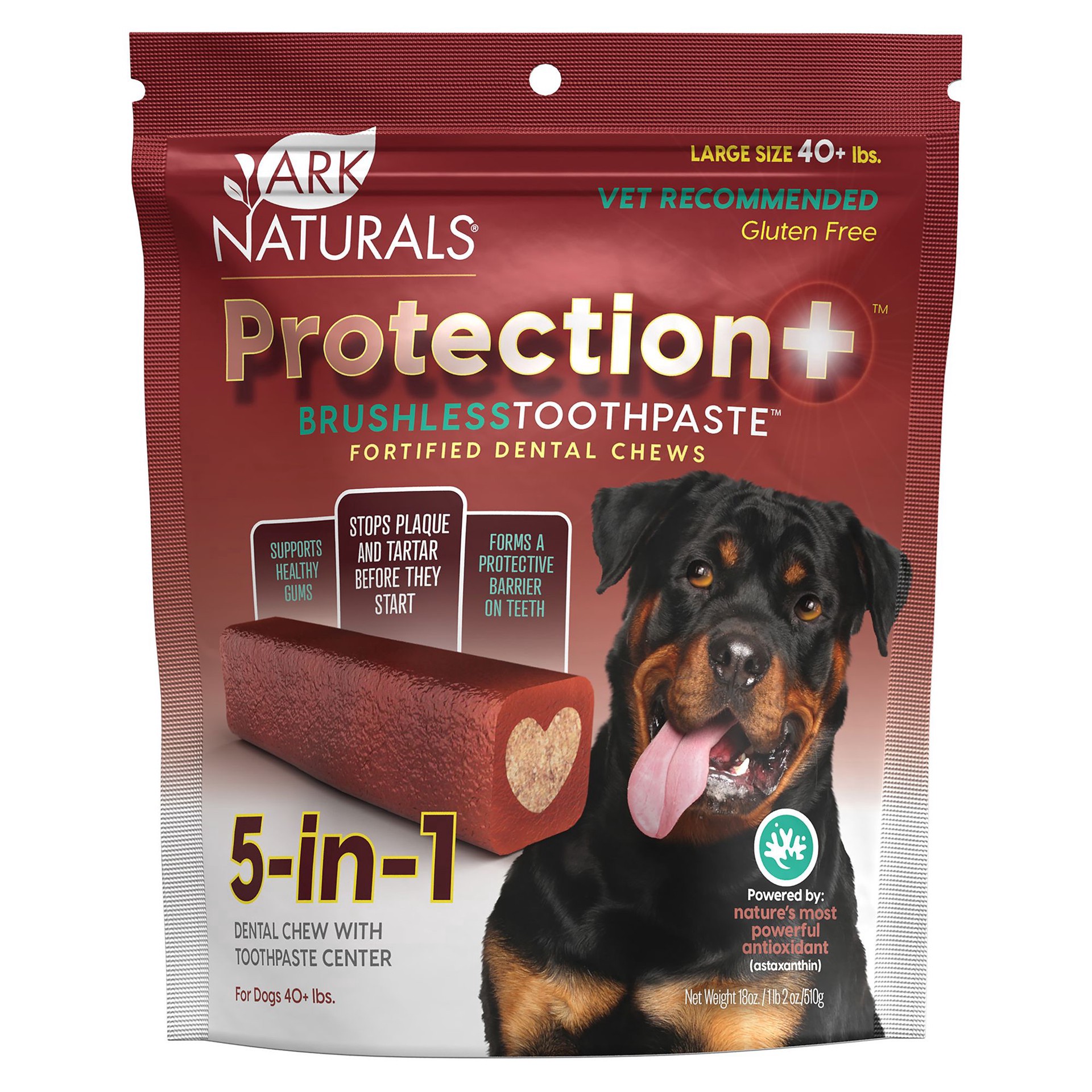 slide 1 of 1, Ark Naturals Protection Plus Brushless Toothpaste 5-in-1 Large Dog Dental Chews, 18 oz