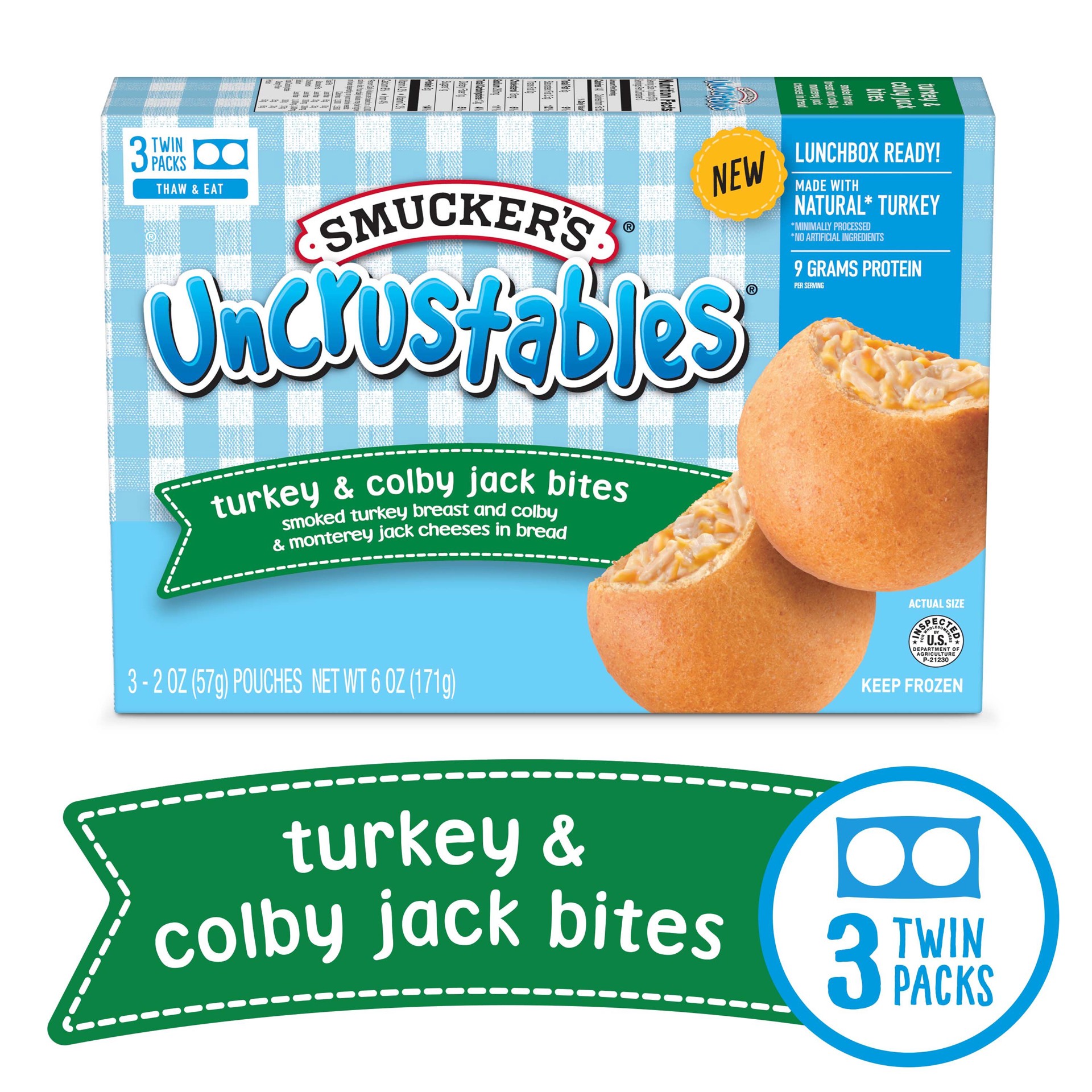 slide 3 of 5, Smucker's Uncrustables Thaw & Eat Bites, Turkey & Colby Jack, 1 Box of 3 Twin Packs (6 Bites Total), 3 ct; 6 oz