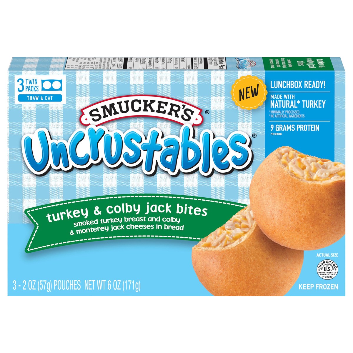 slide 1 of 5, Smucker's Uncrustables Thaw & Eat Bites, Turkey & Colby Jack, 1 Box of 3 Twin Packs (6 Bites Total), 3 ct; 6 oz