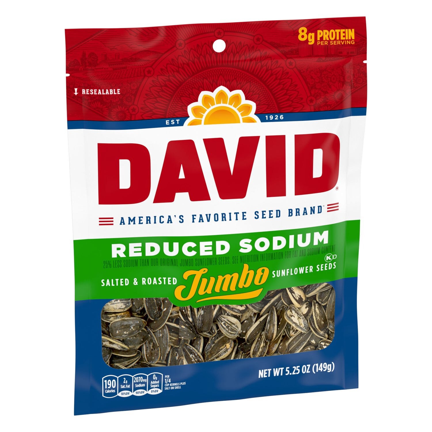 slide 3 of 3, DAVID Seeds Reduced Sodium Salted and Roasted Jumbo Sunflower Seeds, Keto Friendly Snack, 5.25 oz., 5.25 oz