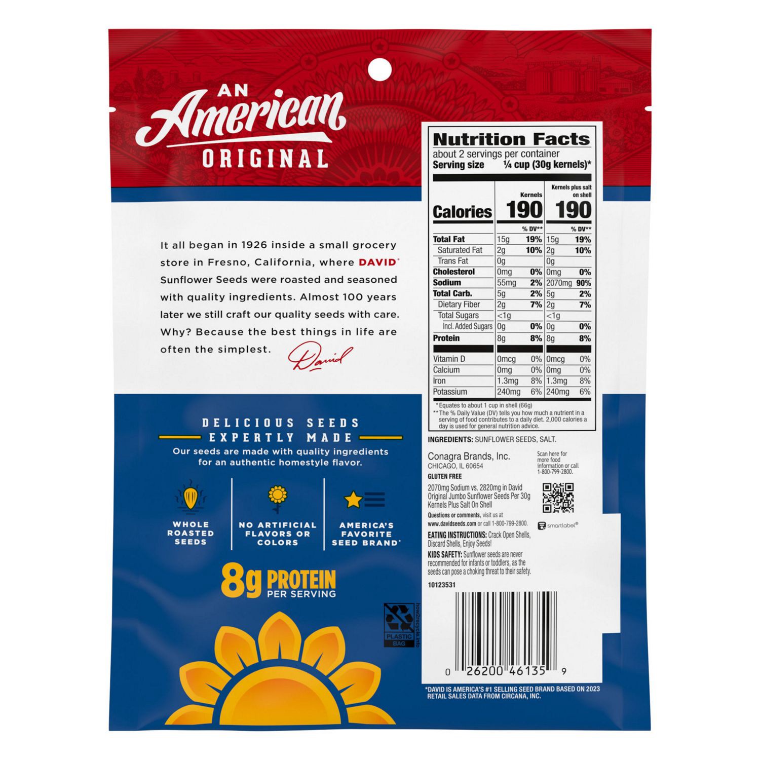 slide 2 of 3, DAVID Seeds Reduced Sodium Salted and Roasted Jumbo Sunflower Seeds, Keto Friendly Snack, 5.25 oz., 5.25 oz