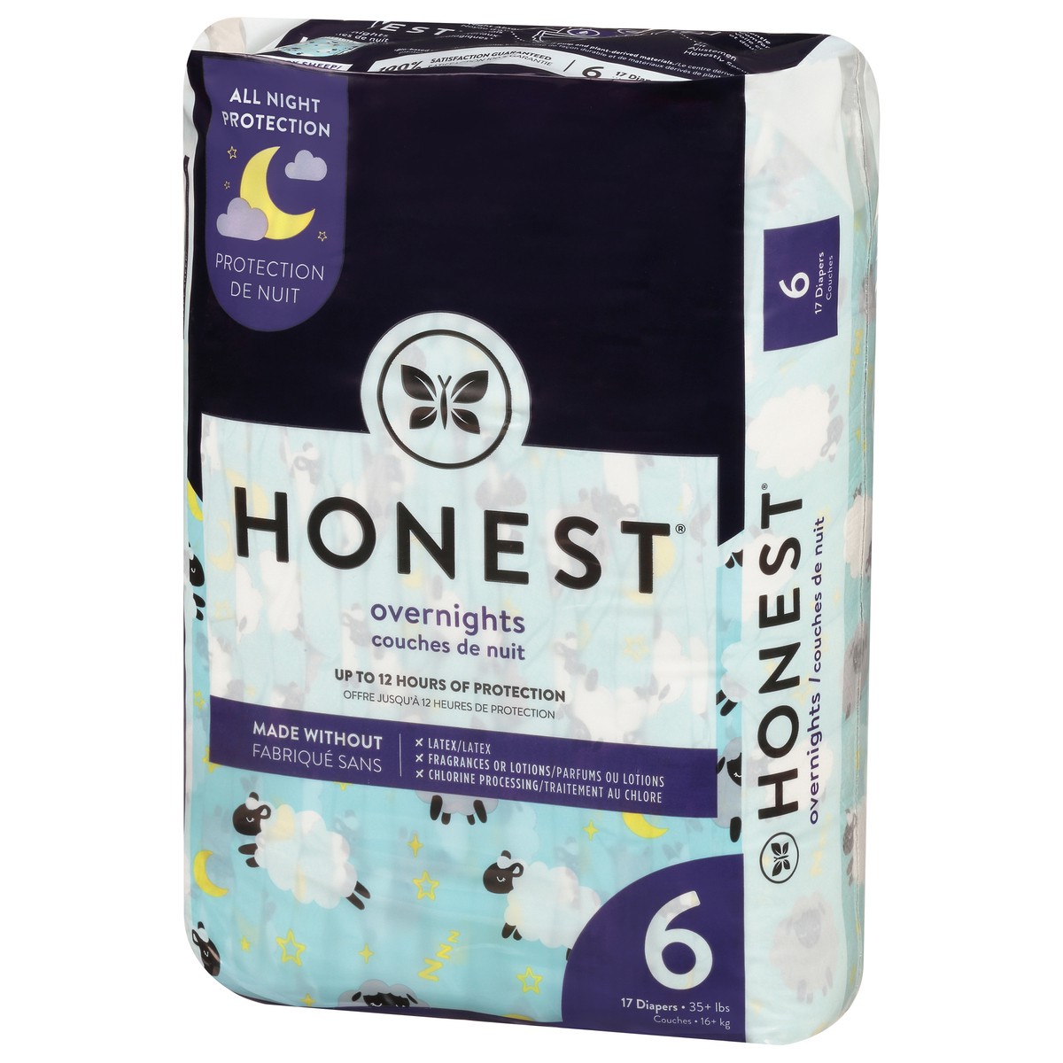 slide 3 of 9, Honest Overnights Sleepy Sheep Size 6 (35+ lbs) Diapers 17 ea, 21 ct