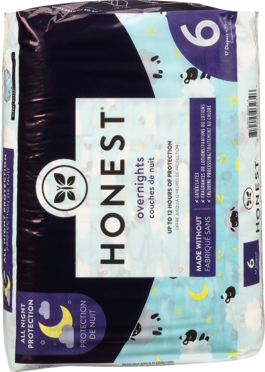 slide 5 of 9, Honest Overnights Sleepy Sheep Size 6 (35+ lbs) Diapers 17 ea, 21 ct