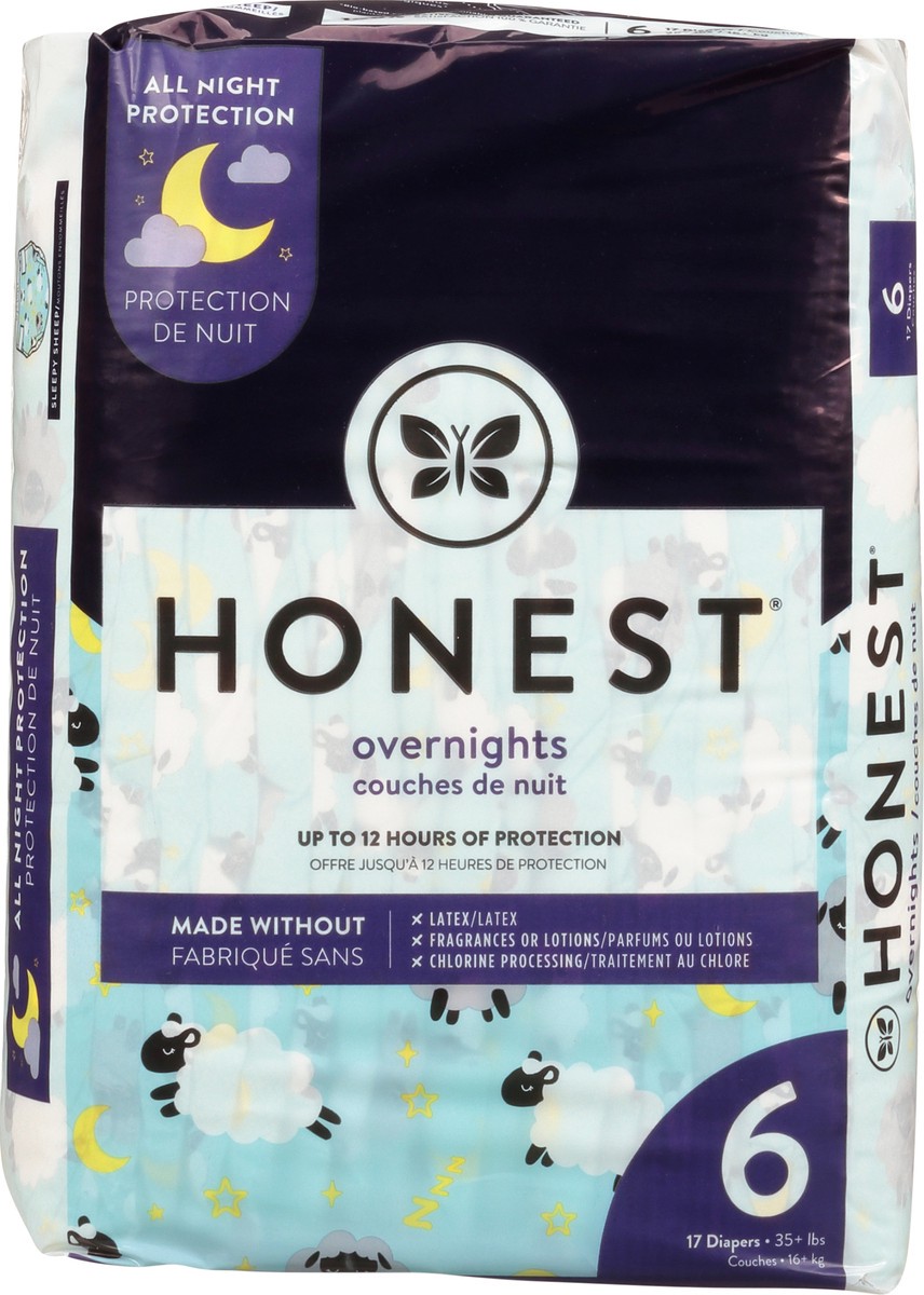 slide 6 of 9, Honest Overnights Sleepy Sheep Size 6 (35+ lbs) Diapers 17 ea, 21 ct