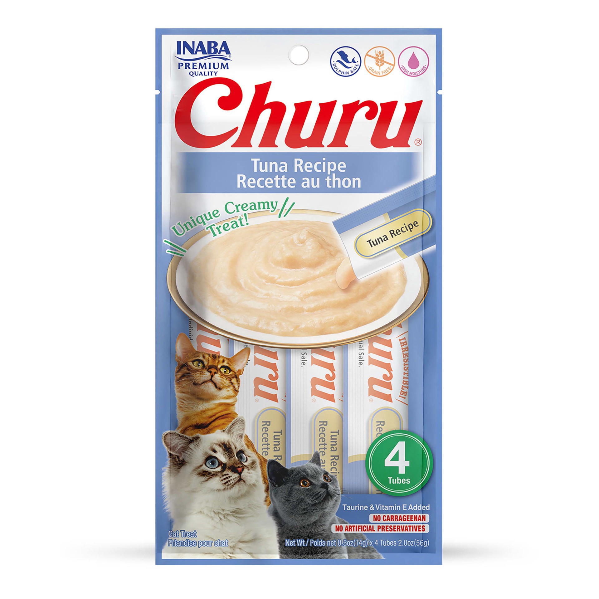 slide 1 of 1, Inaba Churu Cat Treats, Grain-Free, Lickable, Squeezable Creamy Purée Cat Treat with Vitamin E & Taurine, 0.5 Ounces Each Tube, 4 Tubes, Tuna Recipe, 2 oz