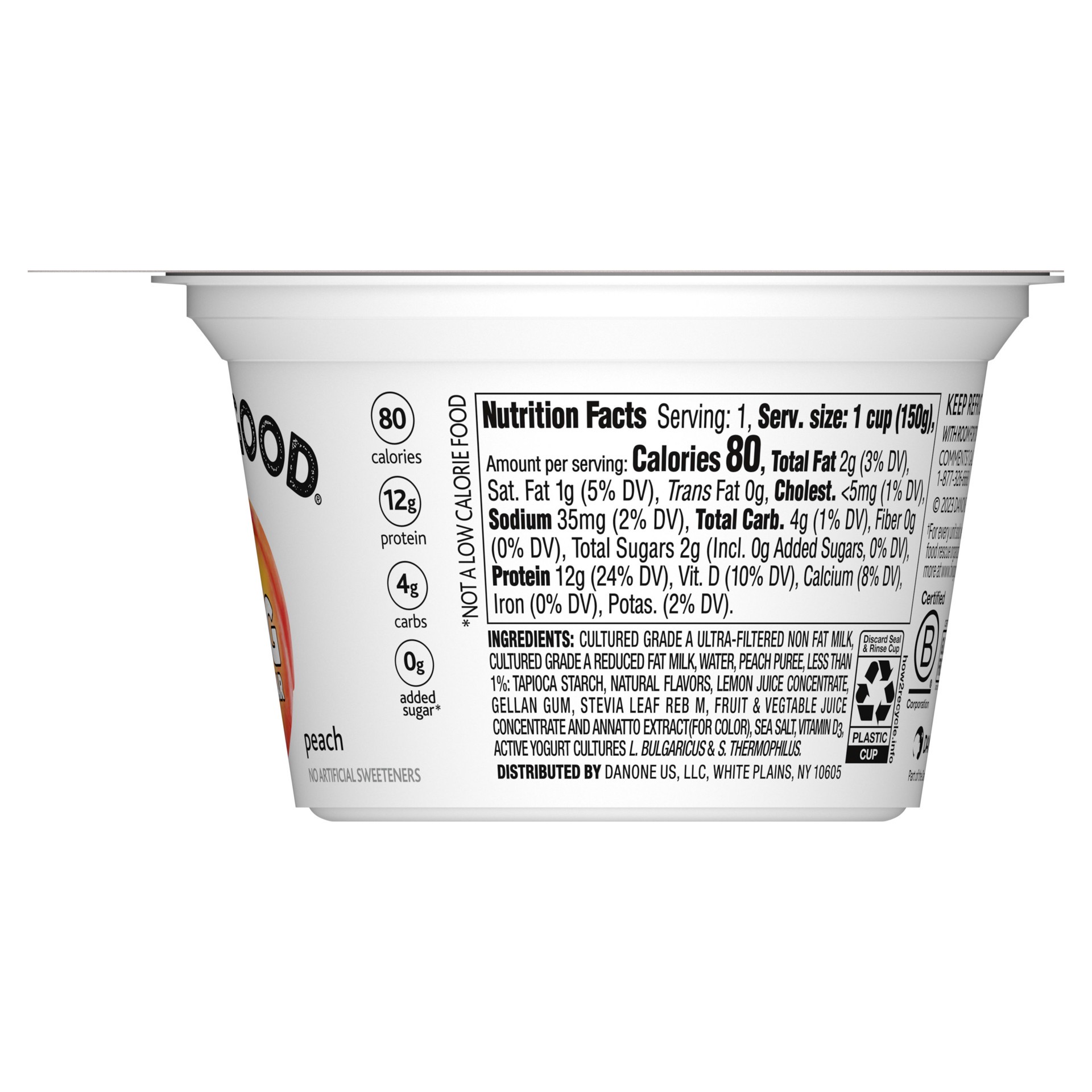 slide 3 of 4, Too Good & Co. Peach Flavored Lower Sugar, Low Fat Greek Yogurt Cultured Product, Gluten Free, Keto Friendly Healthy Snacks, 5.3 OZ Cup, 5.3 oz