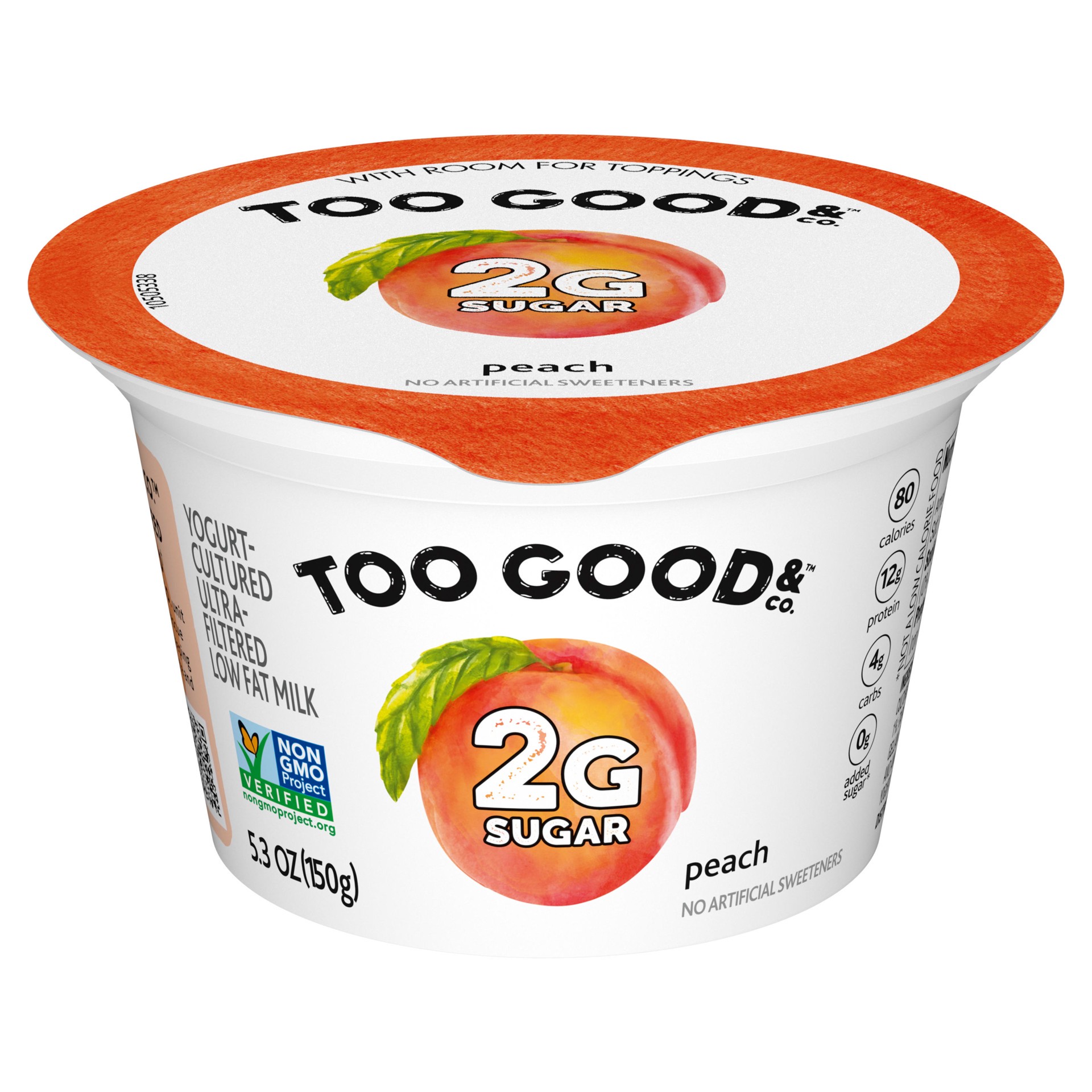 slide 1 of 4, Too Good & Co. Peach Flavored Lower Sugar, Low Fat Greek Yogurt Cultured Product, Gluten Free, Keto Friendly Healthy Snacks, 5.3 OZ Cup, 5.3 oz