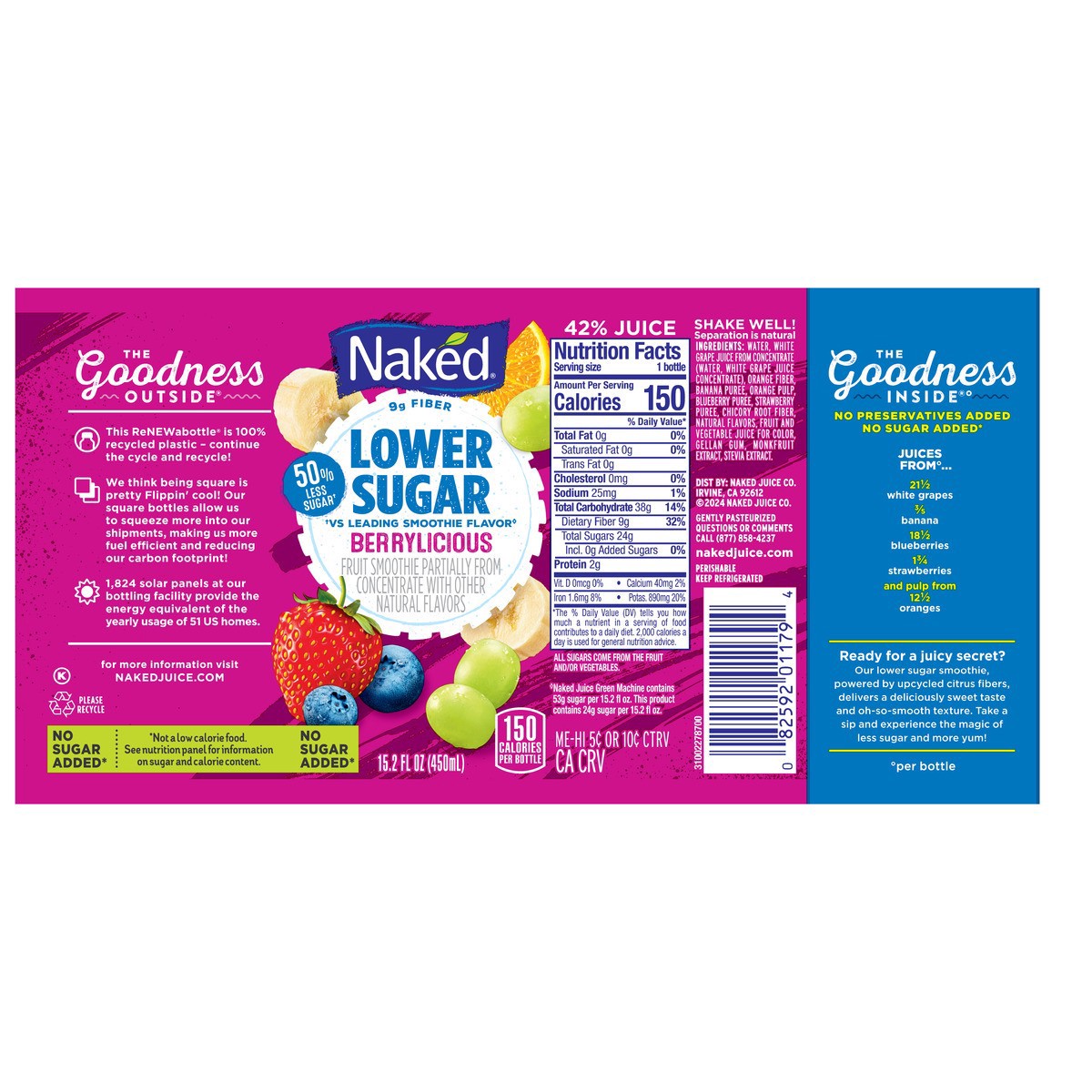 slide 9 of 11, Naked Juice Lower Sugar, Berrylicious, 15.2 Fl Oz Bottle, 15.20 fl oz