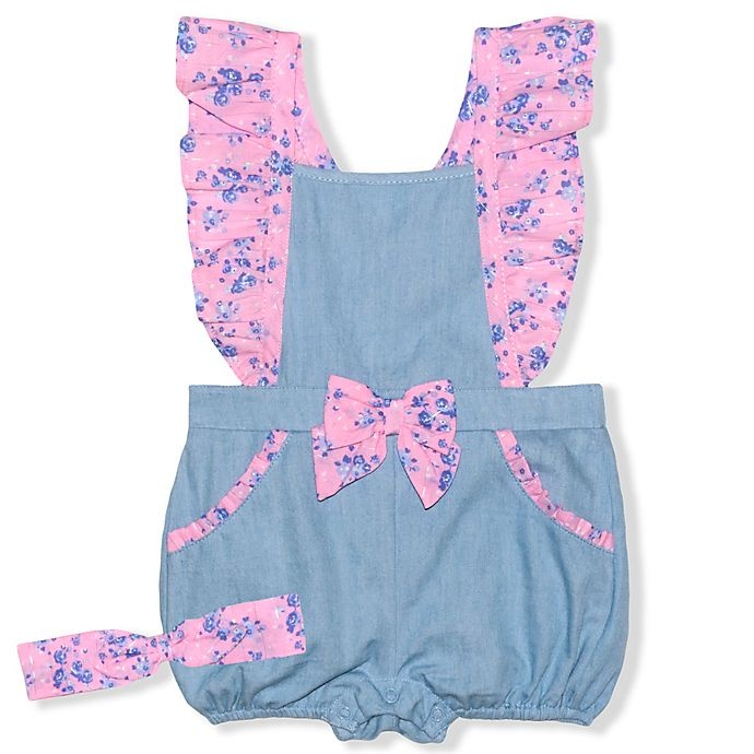 slide 1 of 1, Nannette Baby Nannette chambray romper with pink ruffle, 1 ct