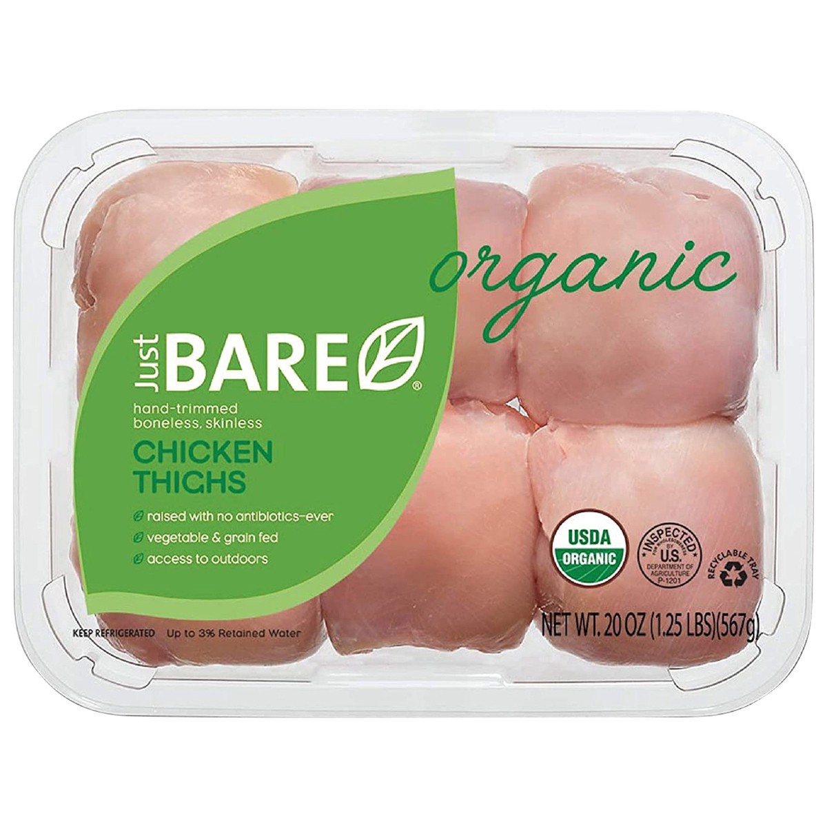 slide 2 of 6, Just BARE USDA Organic Boneless Skinless Chicken Thighs, 20 oz