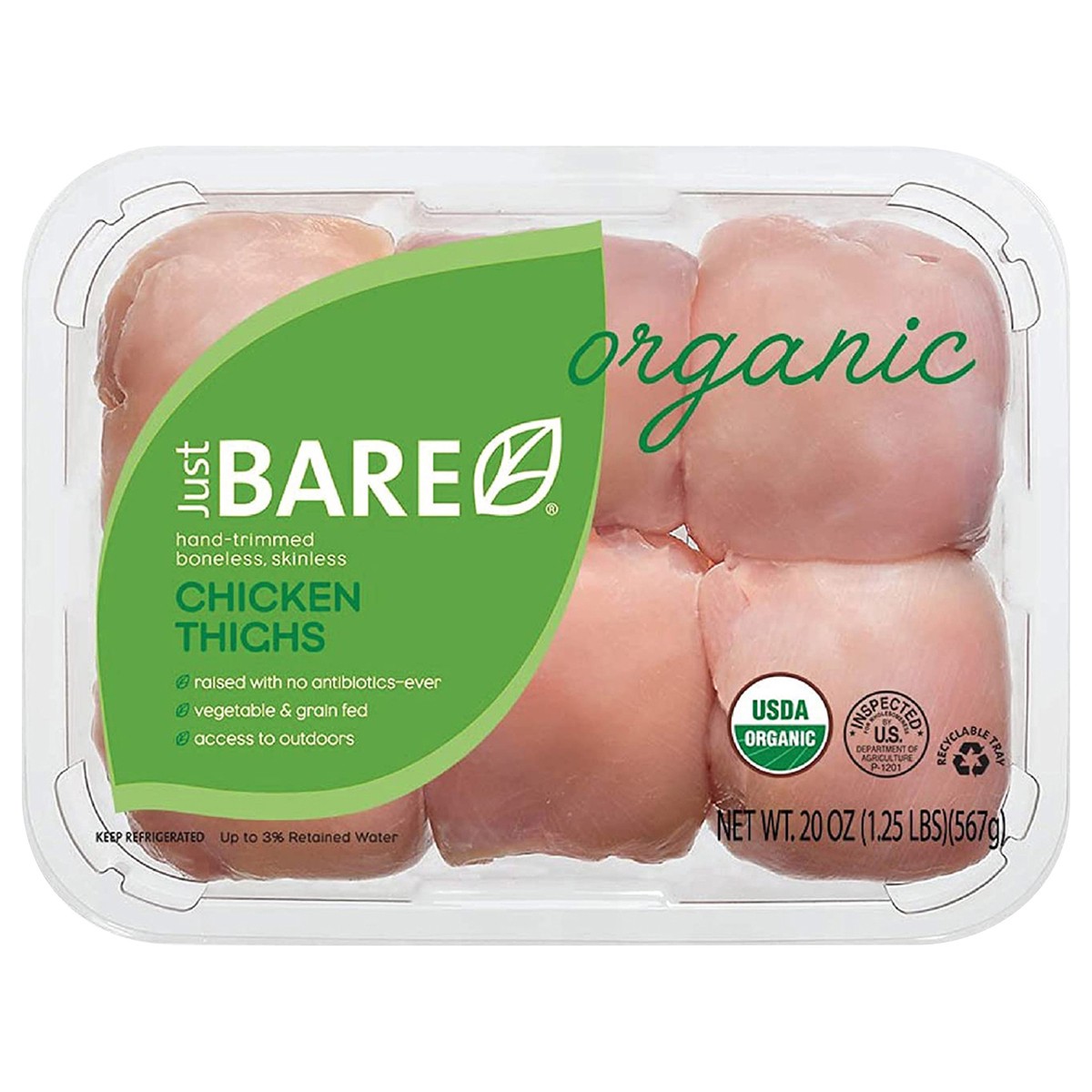 slide 4 of 6, Just BARE USDA Organic Boneless Skinless Chicken Thighs, 20 oz