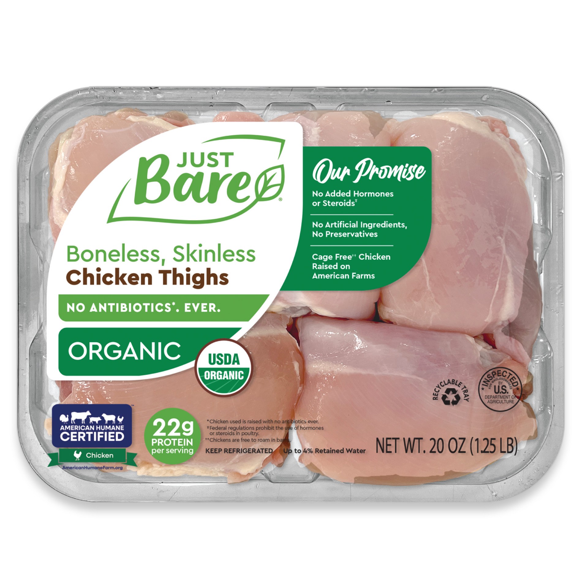 slide 1 of 6, Just Bare Brand Organic Boneless Skinless Chicken Thighs, 20 oz