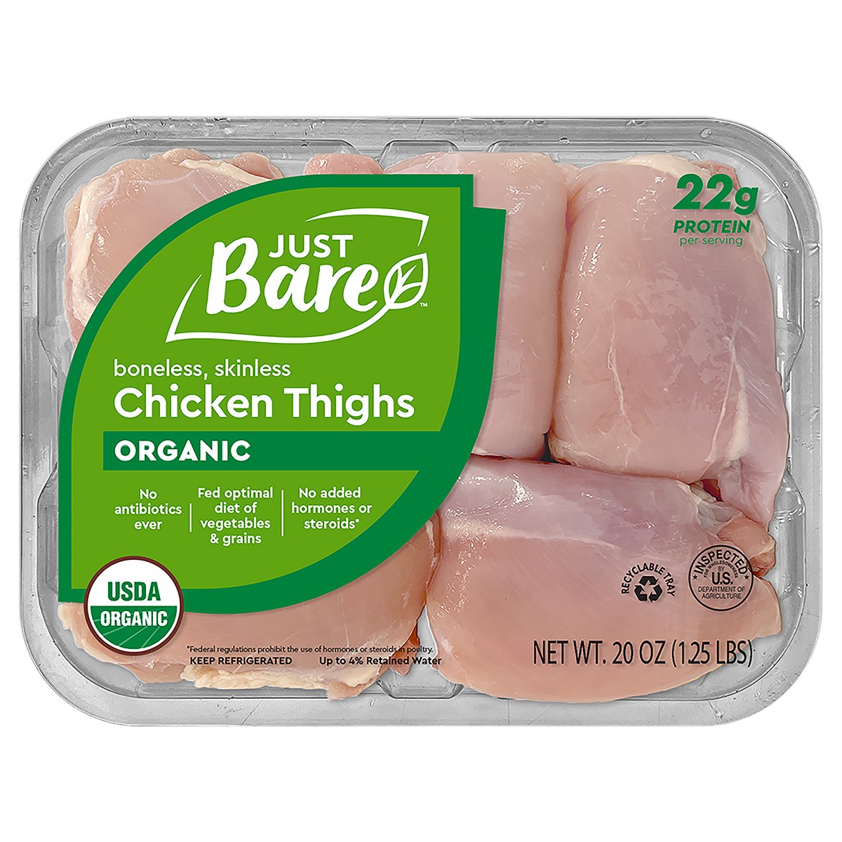 slide 1 of 6, Just BARE USDA Organic Boneless Skinless Chicken Thighs, 20 oz