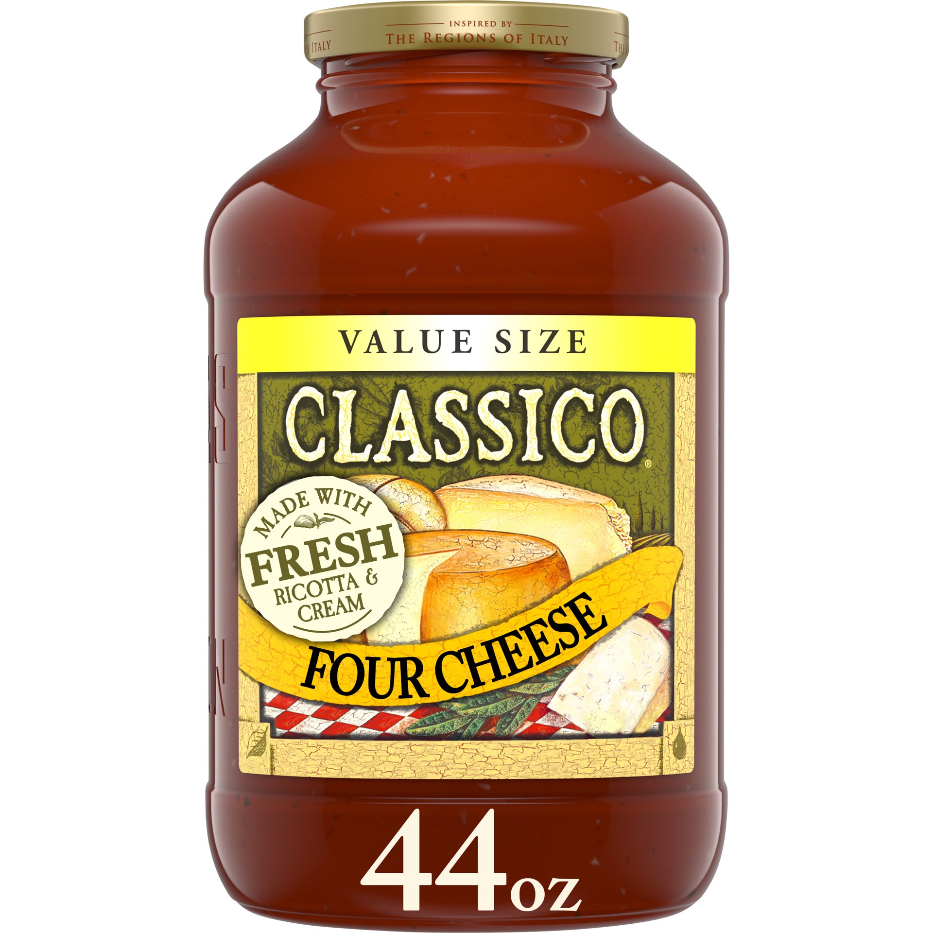 slide 1 of 5, Classico Four Cheese Pasta Sauce Value Size Jar, 44 oz